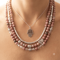 Pink Rhodonite Silver Hamsa Charm Mala Necklace