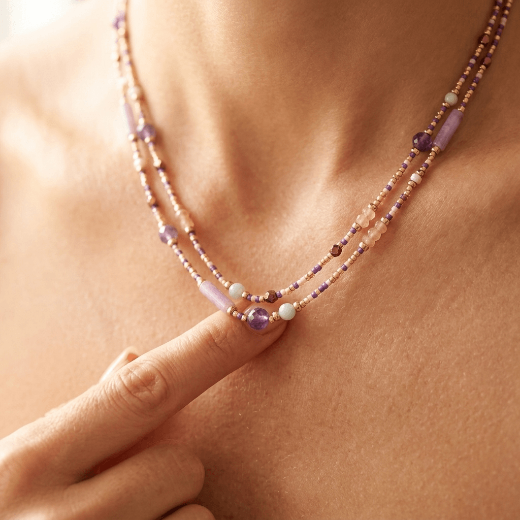 Amethyst Purple Gold Beaded Layered Necklace