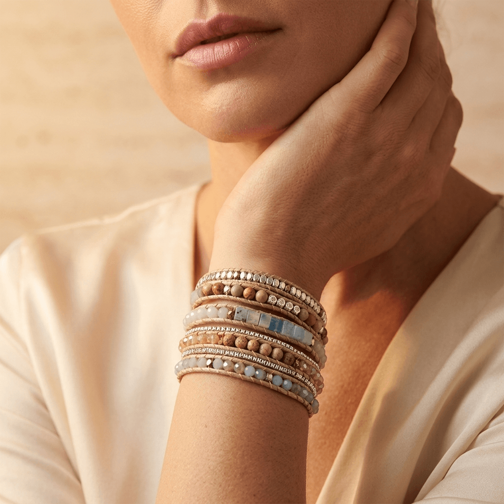 Bohemian Gold Beaded Natural Stone Wrap Bracelet