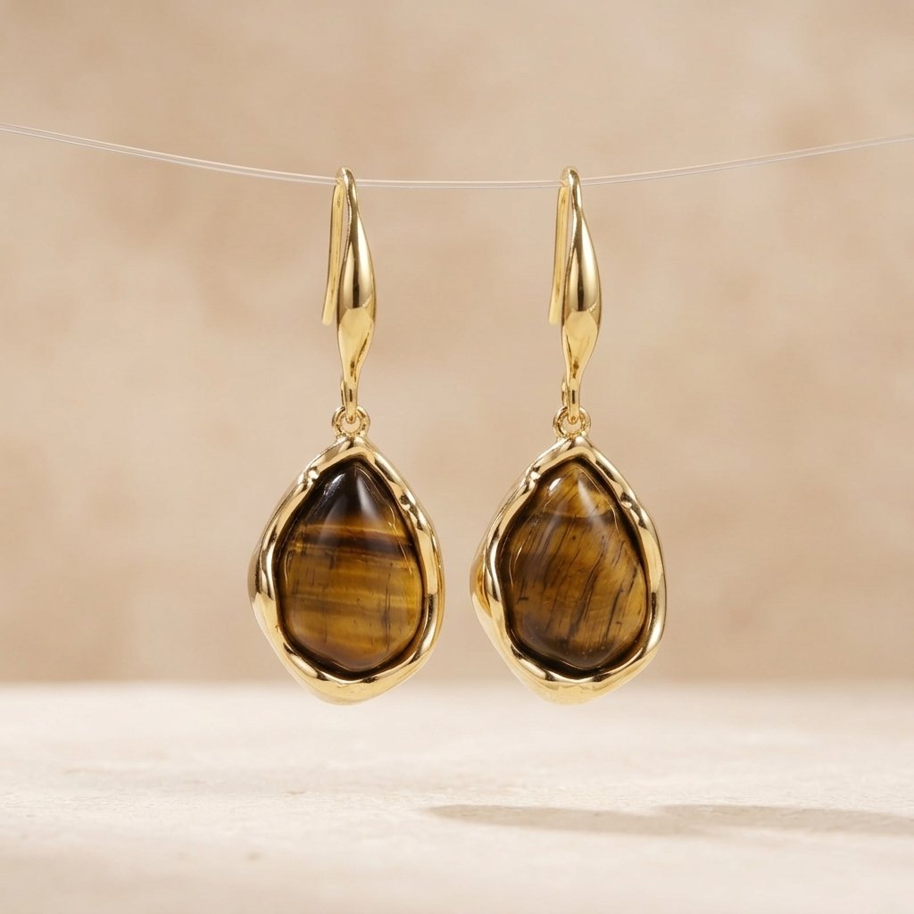 Gold Tigers Eye Teardrop Bezel Earrings