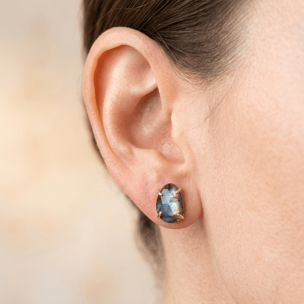 Natural Labradorite Gold Oval Stud Earrings