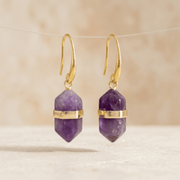 Natural Amethyst Gold Hexagonal Drop Earrings