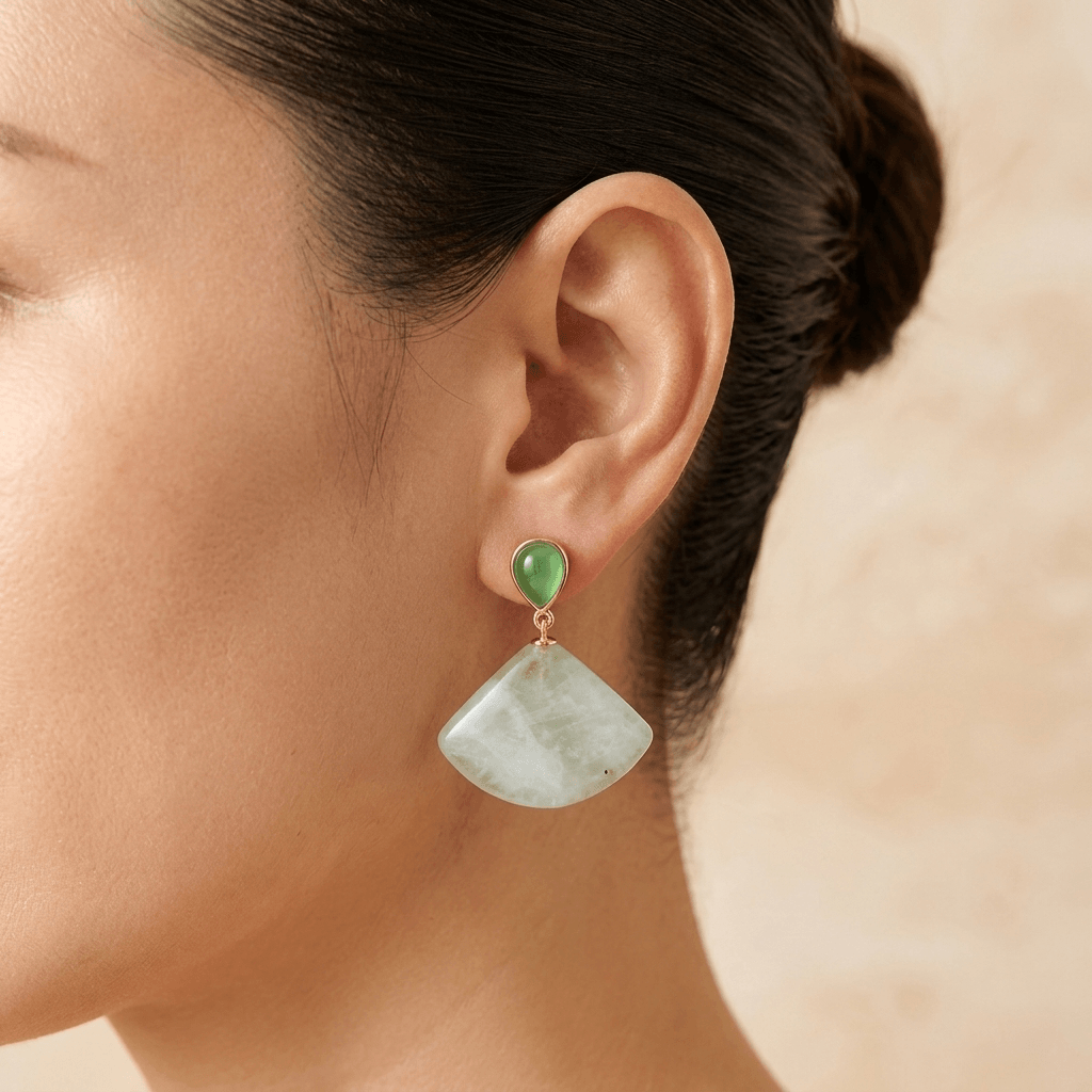 Green Jade Gold Fan Drop Earrings