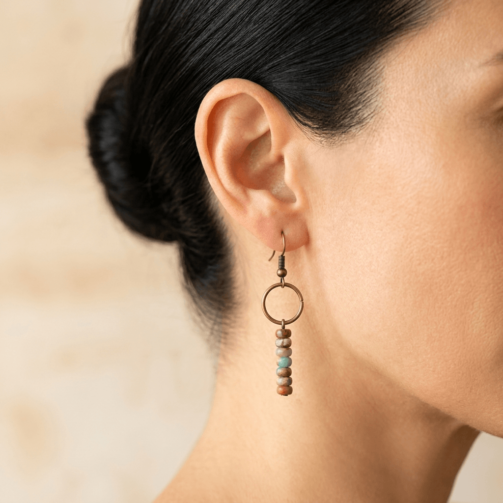 Vintage Brass Circle Beaded Stone Earrings