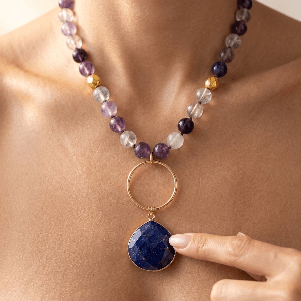 Purple Amethyst Gold Lapis Lazuli Pendant Necklace