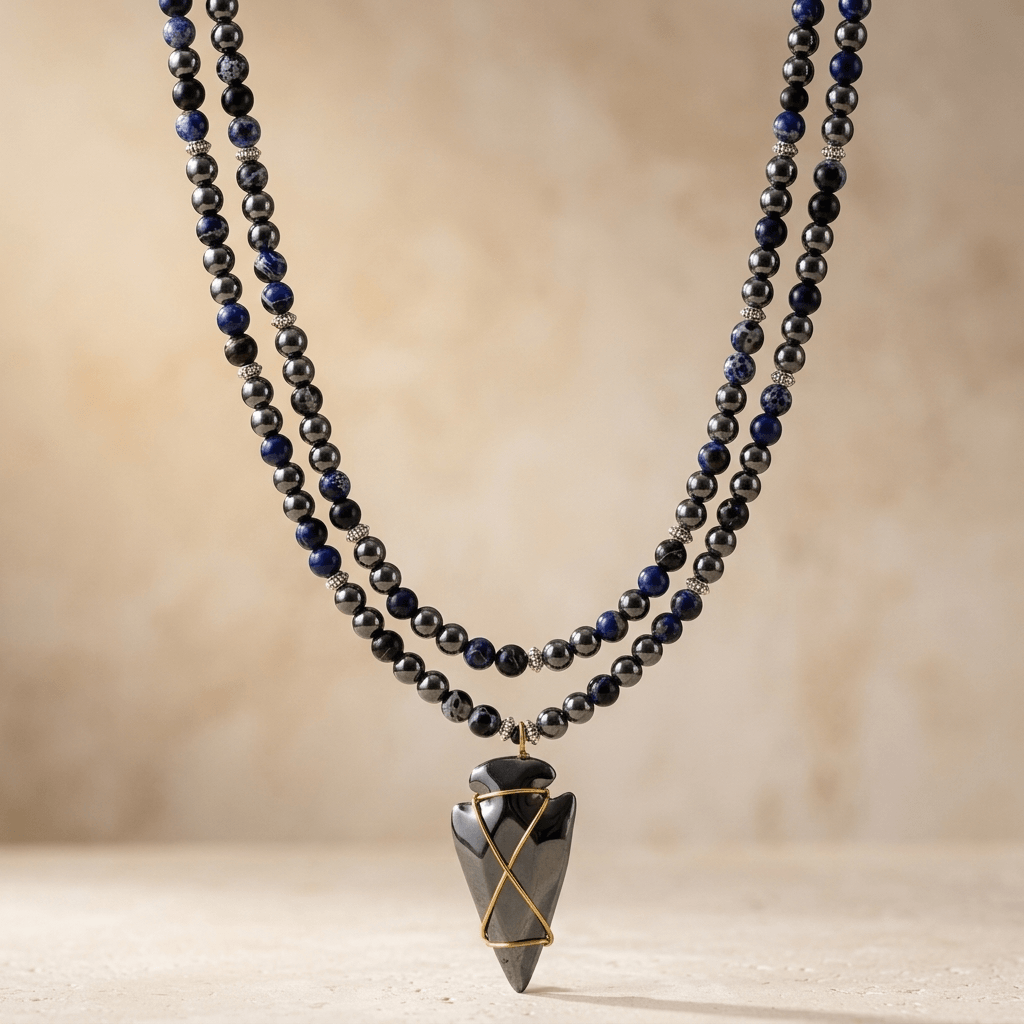 Hematite Blue Jasper Beaded Arrowhead Pendant Necklace