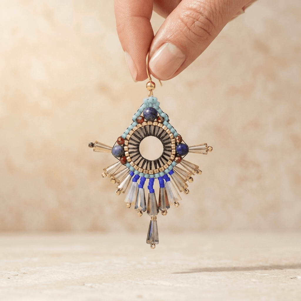 Ethnic Gold Crystal Beaded Dangle Earrings