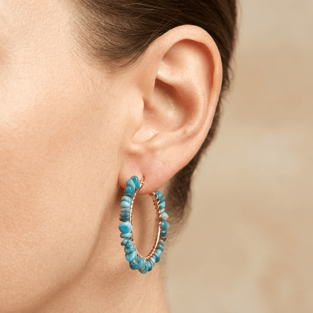 Blue Apatite Gold Wire Wrap Hoop Earrings