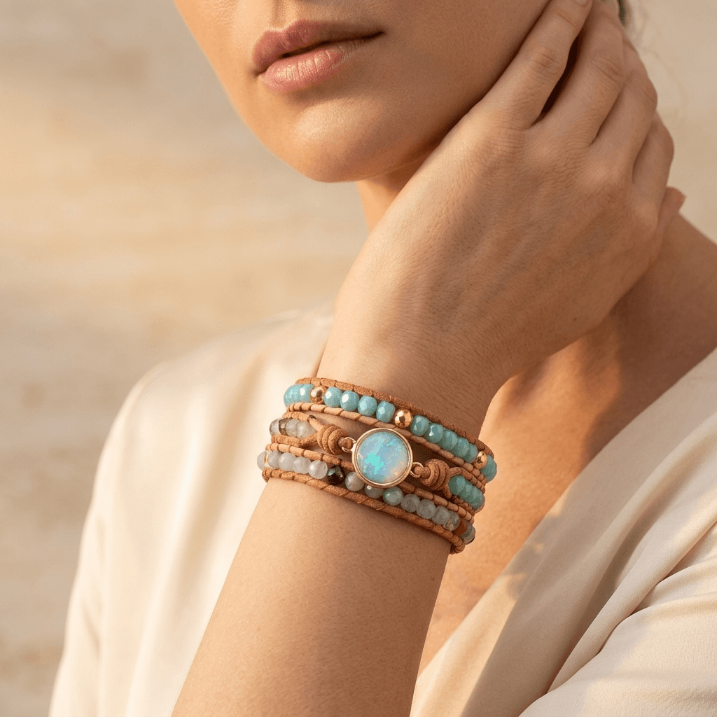 Boho Leather Aqua Gemstone Wrap Bracelet
