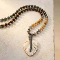 Boho Beaded Tiger Eye Seashell Leaf Necklace