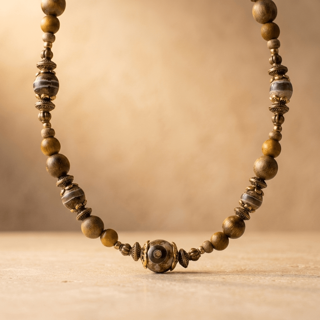 Natural Wood Onyx Striped Beaded Necklace