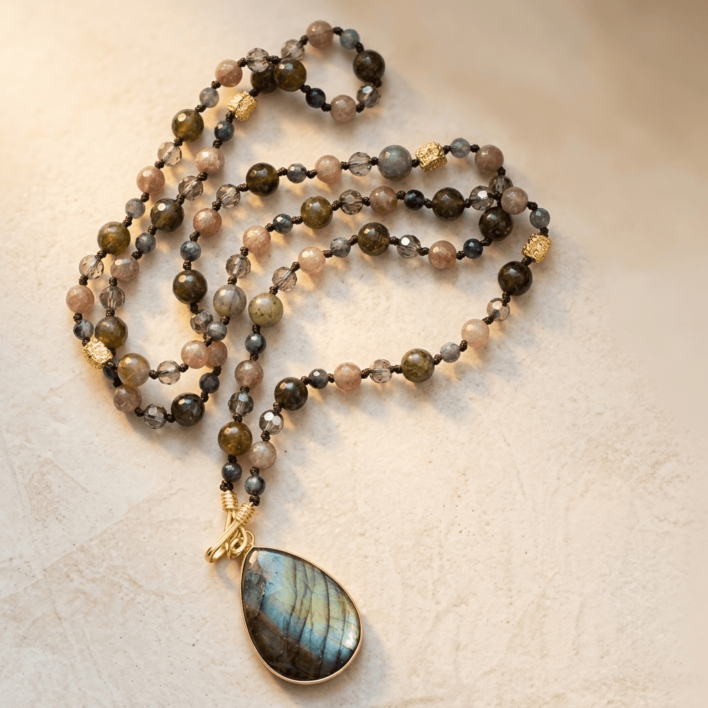 Labradorite Strawberry Quartz Gold Teardrop Necklace
