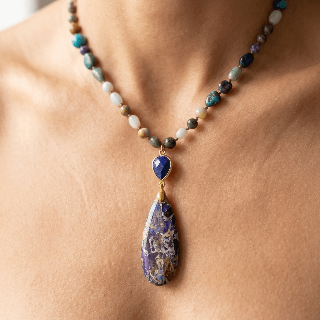 Multistone Gold Beaded Teardrop Pendant Necklace