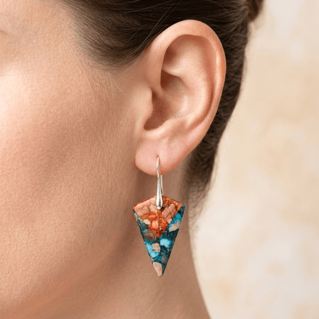 Vibrant Blue Orange Jasper Triangle Earrings