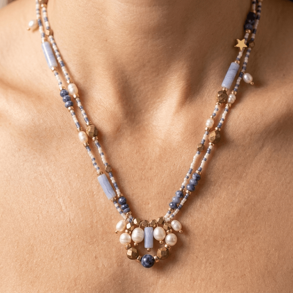 Blue Sodalite Pearl Gold Beaded Necklace