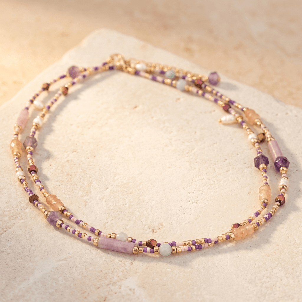 Amethyst Purple Gold Beaded Layered Necklace