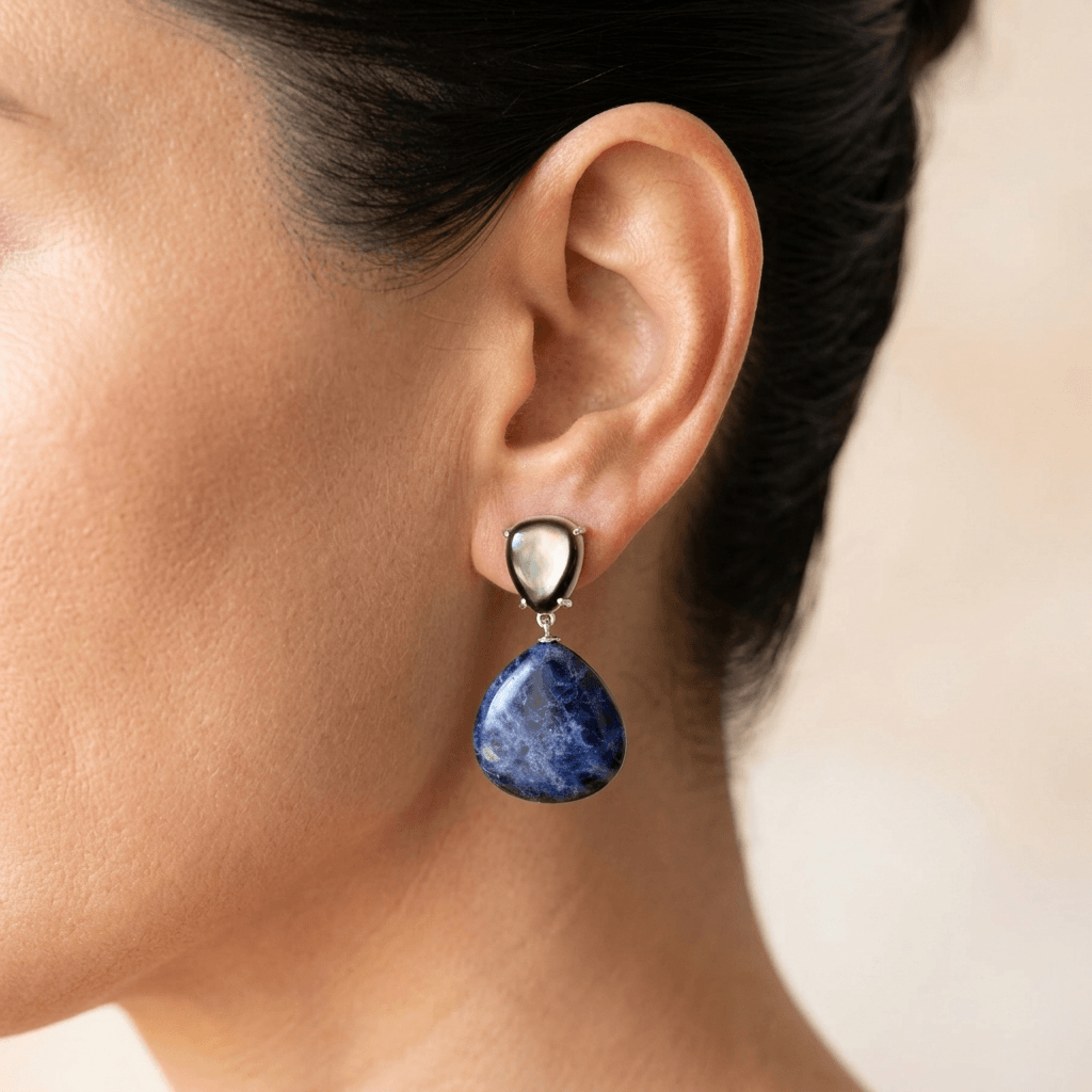 Blue Sodalite Mother Of Pearl Silver Drop Earrings