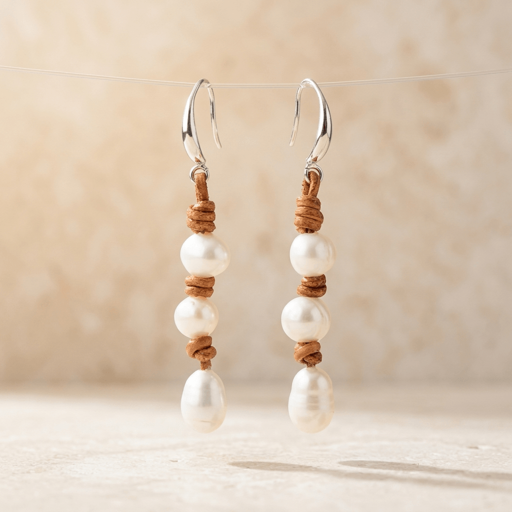 Handmade Silver Freshwater Pearl Leather Drop Earrings