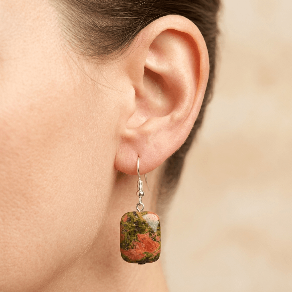 Natural Unakite Silver Square Drop Earrings