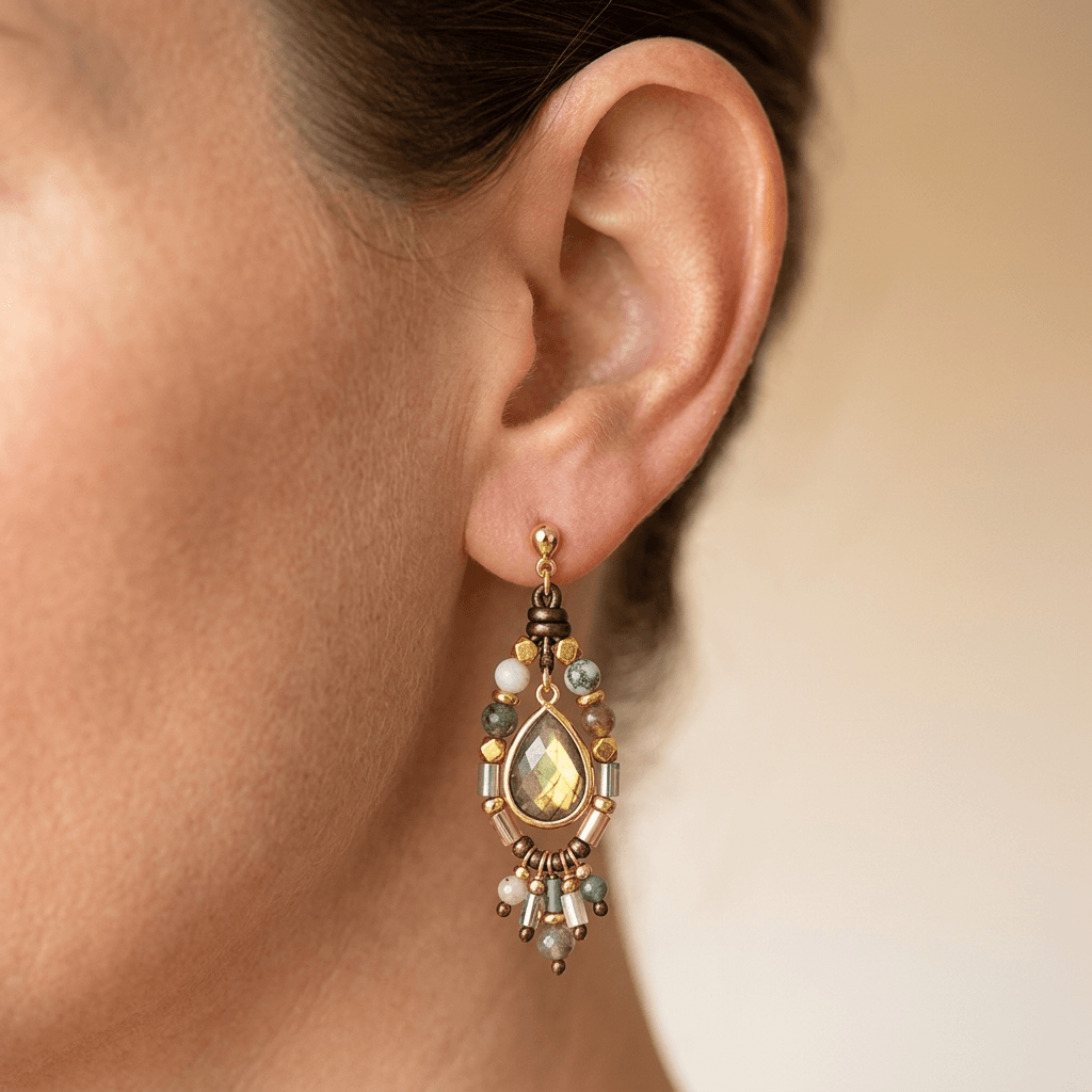 Natural Labradorite Gold Teardrop Dangle Earrings