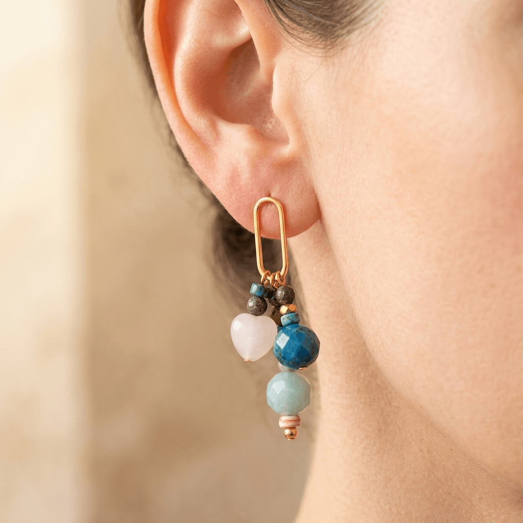 Gemstone Beaded Gold Oval Drop Earrings
