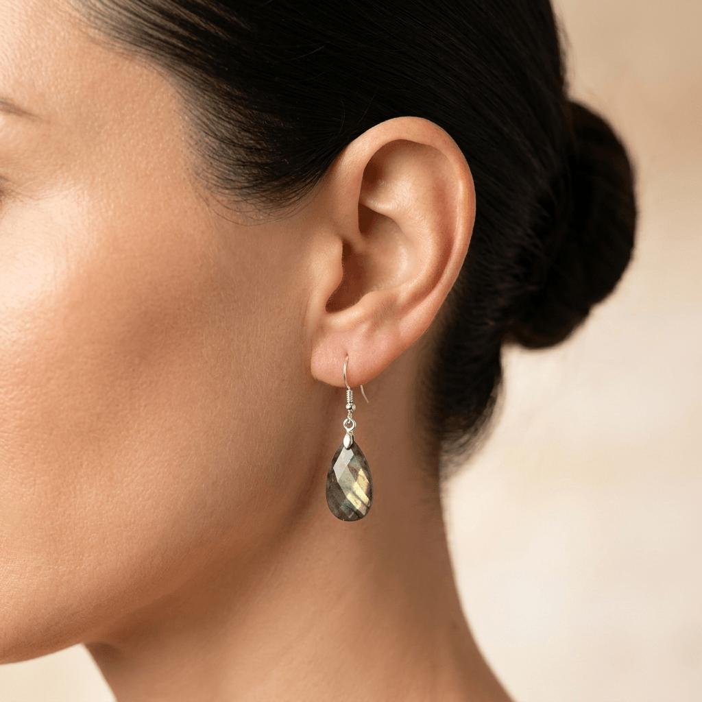 Natural Labradorite Silver Faceted Drop Earrings