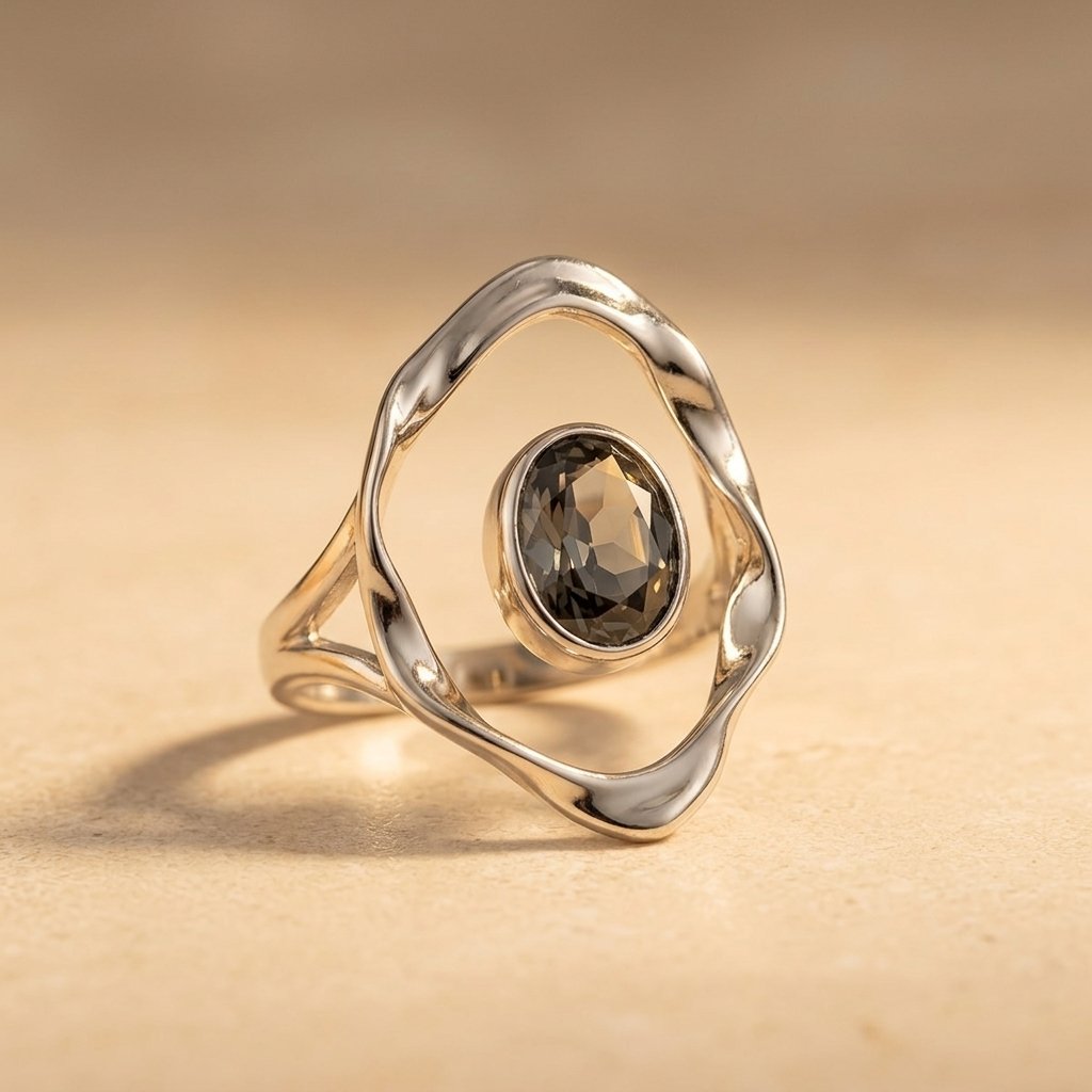 Modern Silver Smoky Quartz Wavy Ring