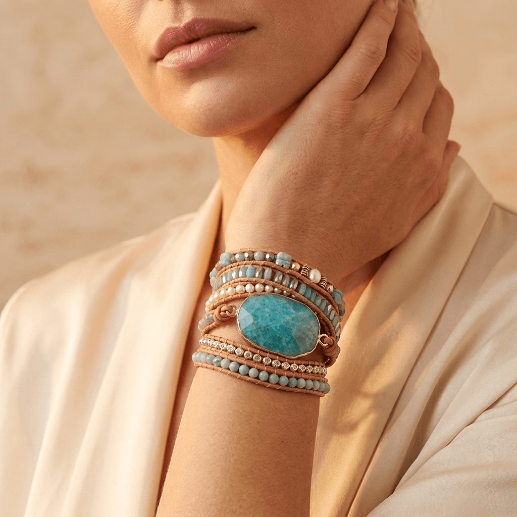 Natural Amazonite Leather Wrap Bracelet