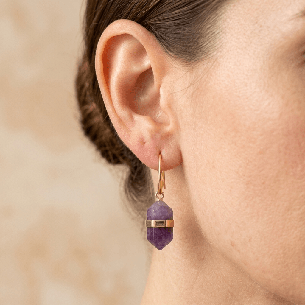 Natural Amethyst Gold Hexagonal Drop Earrings