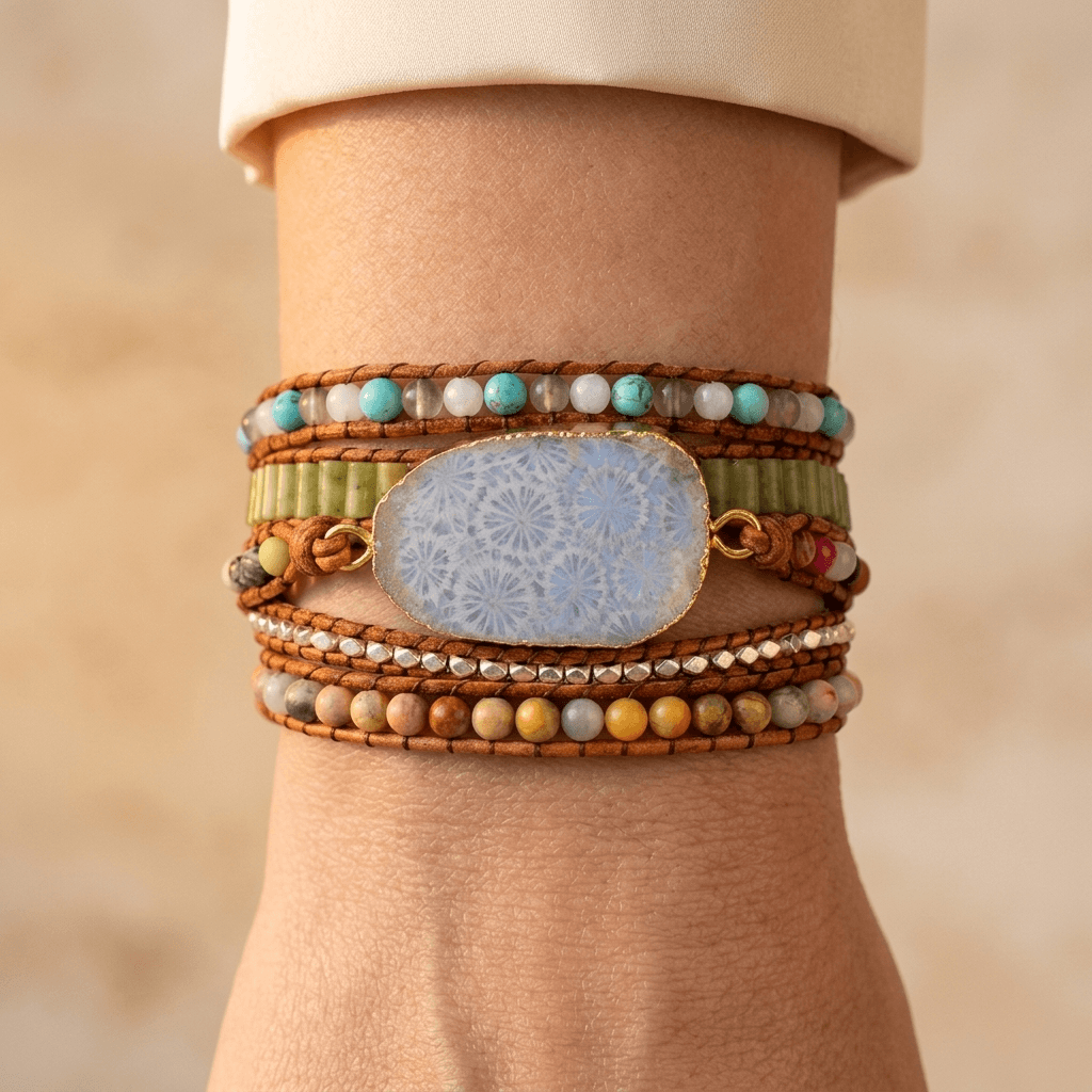 Handmade Natural Chrysanthemum Stone Leather Wrap Bracelet