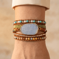 Handmade Natural Chrysanthemum Stone Leather Wrap Bracelet