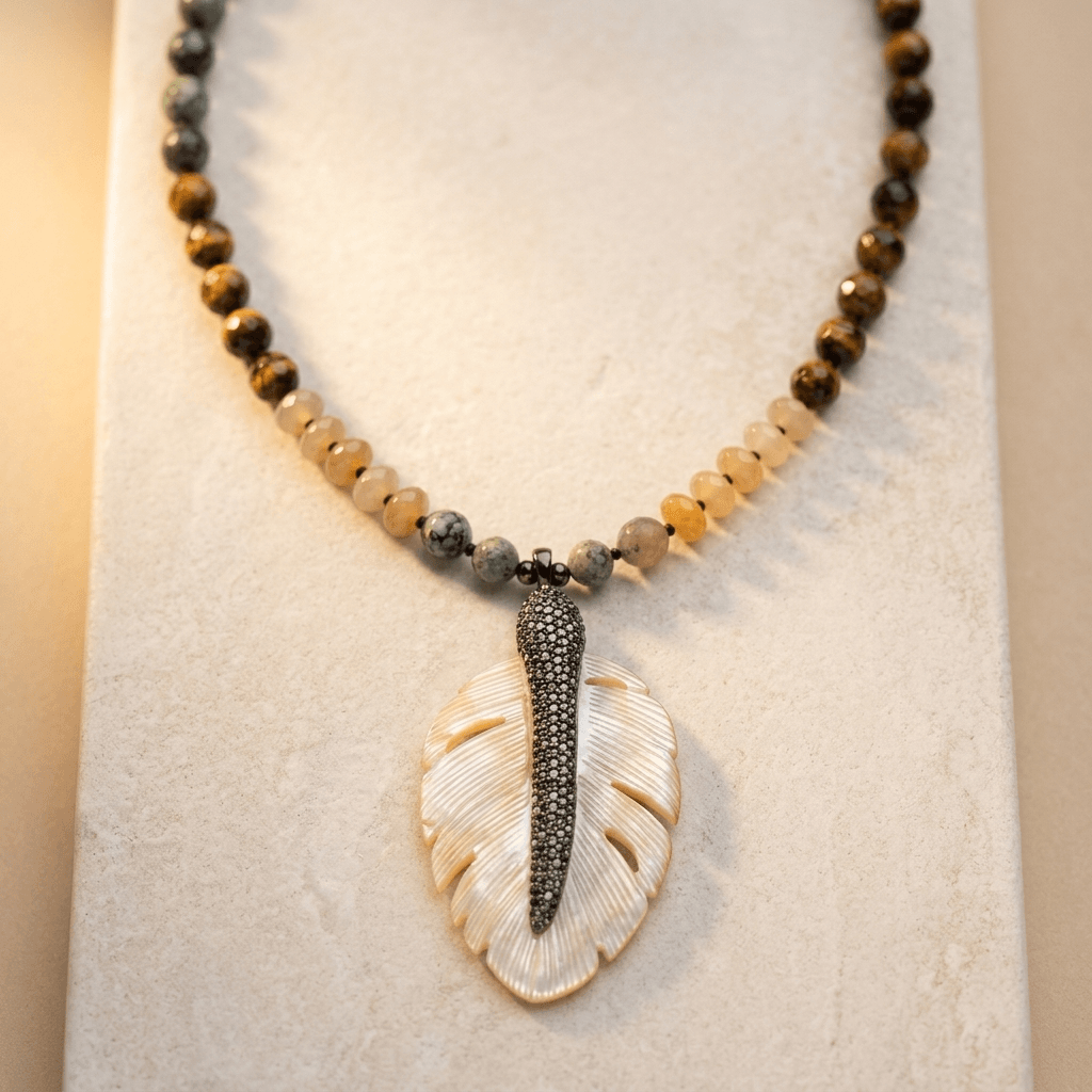Boho Multistone Seashell Leaf Pendant Necklace