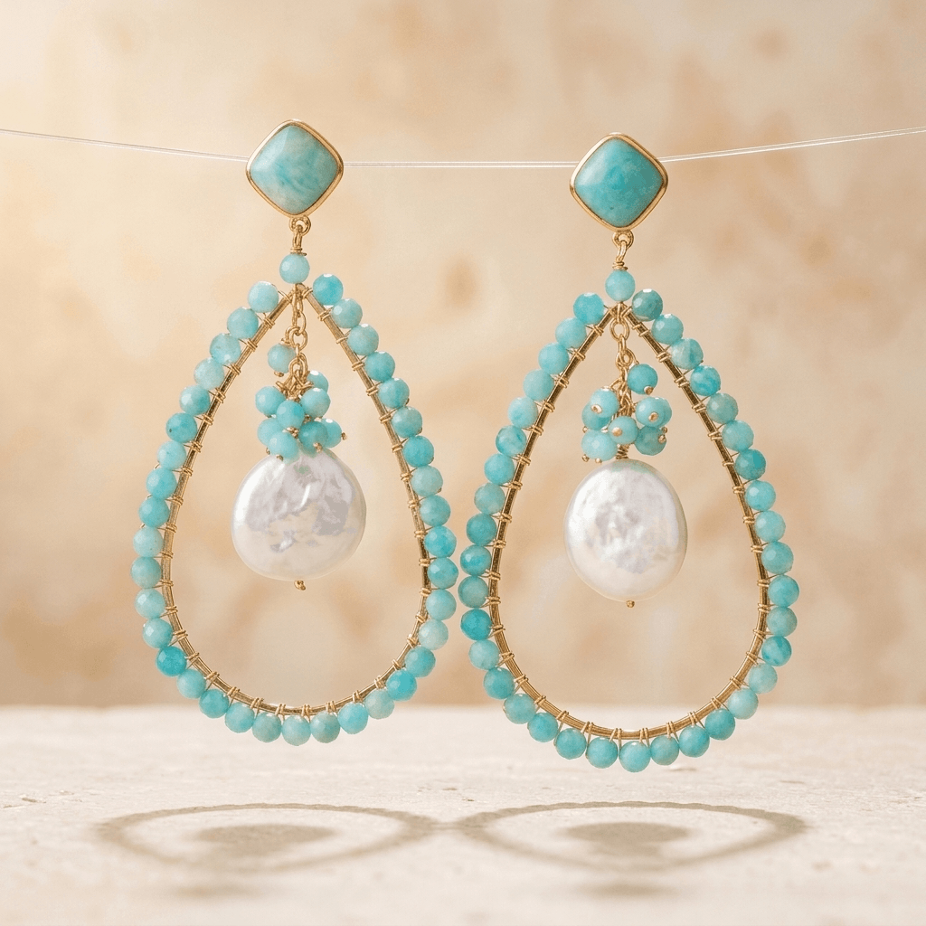Turquoise Amazonite Gold Teardrop Pearl Earrings