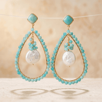 Turquoise Amazonite Gold Teardrop Pearl Earrings