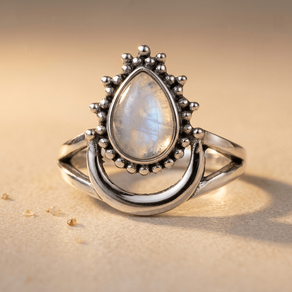 Boho Sterling Silver Moonstone Teardrop Ring