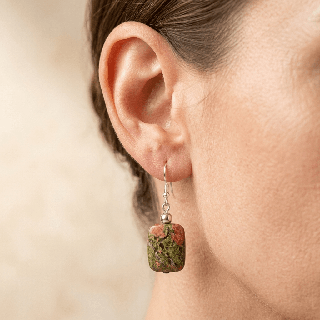 Natural Unakite Silver Square Drop Earrings