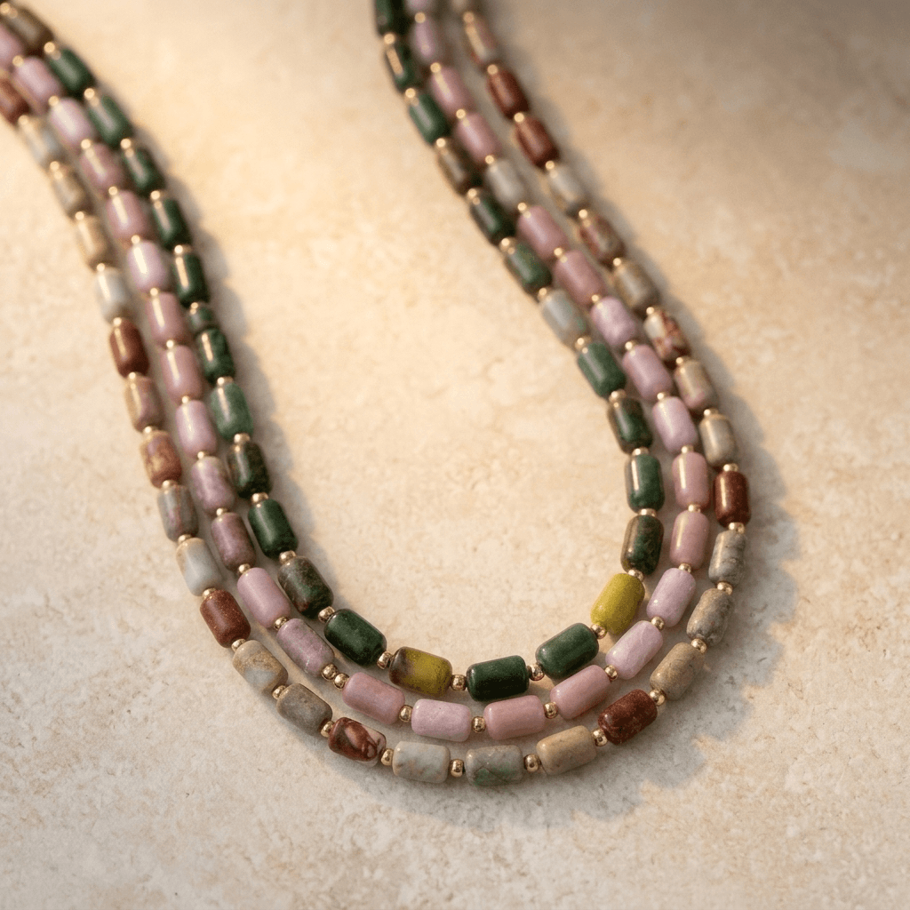 Multi Gemstone Barrel Beads Gold Layered Necklace