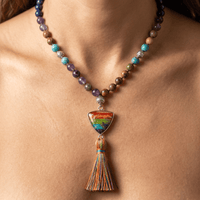 Chakra Gemstone Silver Rainbow Tassel Necklace