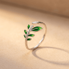 Green Leaf Silver Branch Ring Adjustable