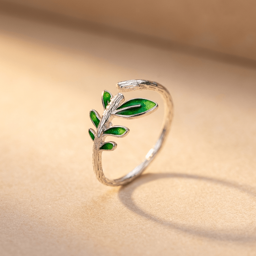 Green Leaf Silver Branch Ring Adjustable