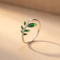 Green Leaf Silver Branch Ring Adjustable