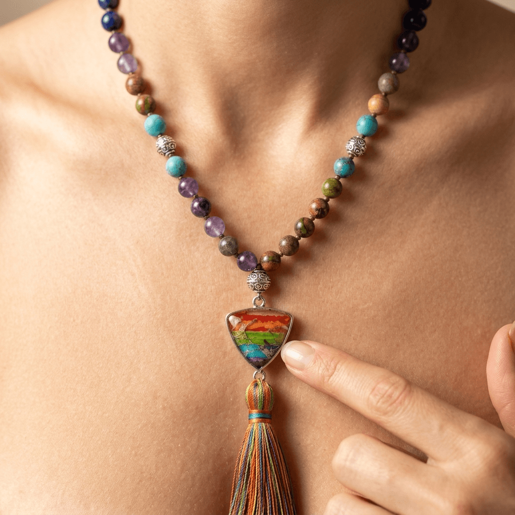 Chakra Gemstone Silver Rainbow Tassel Necklace