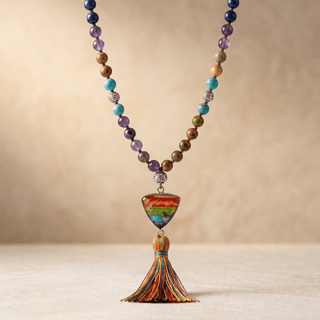 Chakra Gemstone Silver Rainbow Tassel Necklace