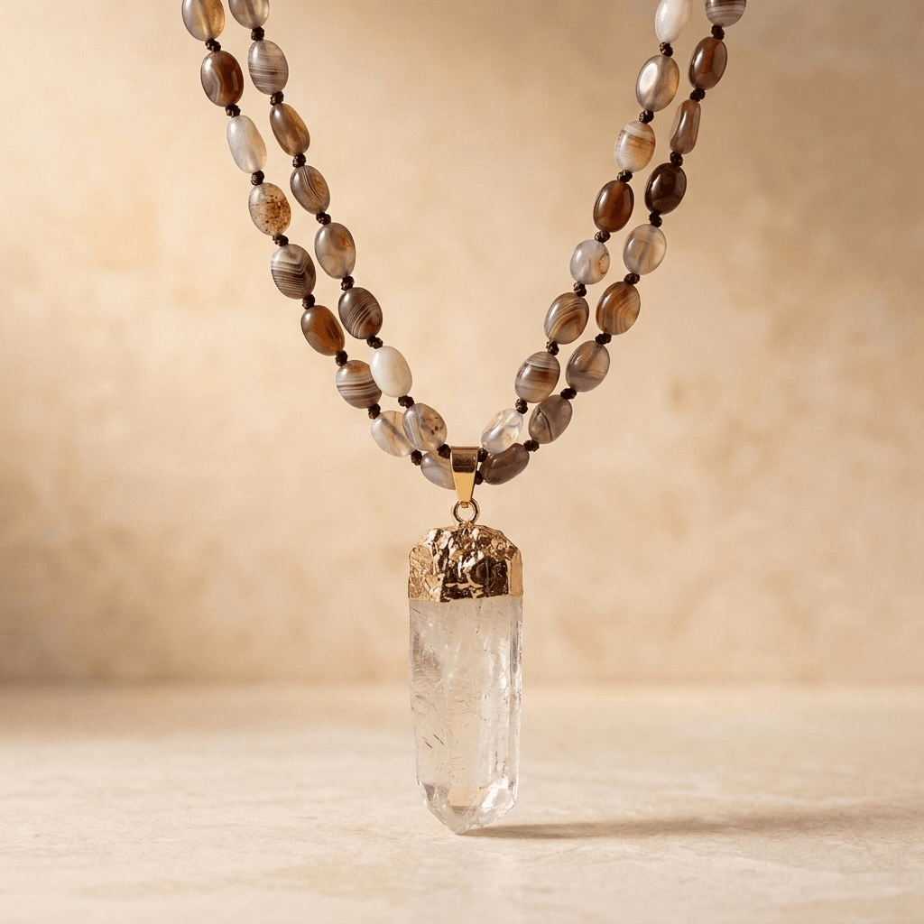 Natural Agate Gold Quartz Point Necklace