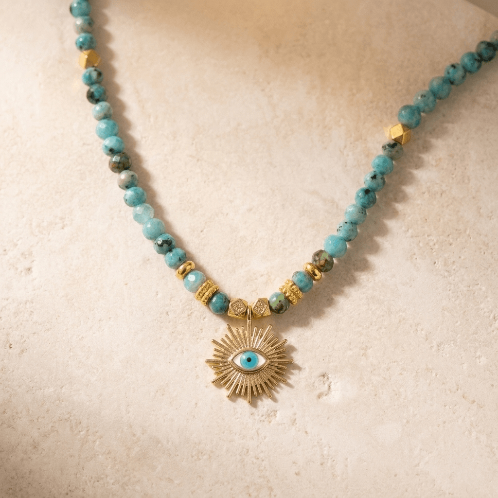 Turquoise Gold Evil Eye Sunburst Pendant Necklace