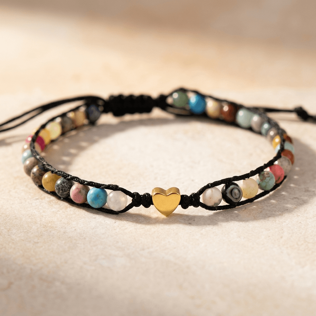 Colorful Natural Stone Gold Heart Charm Bracelet