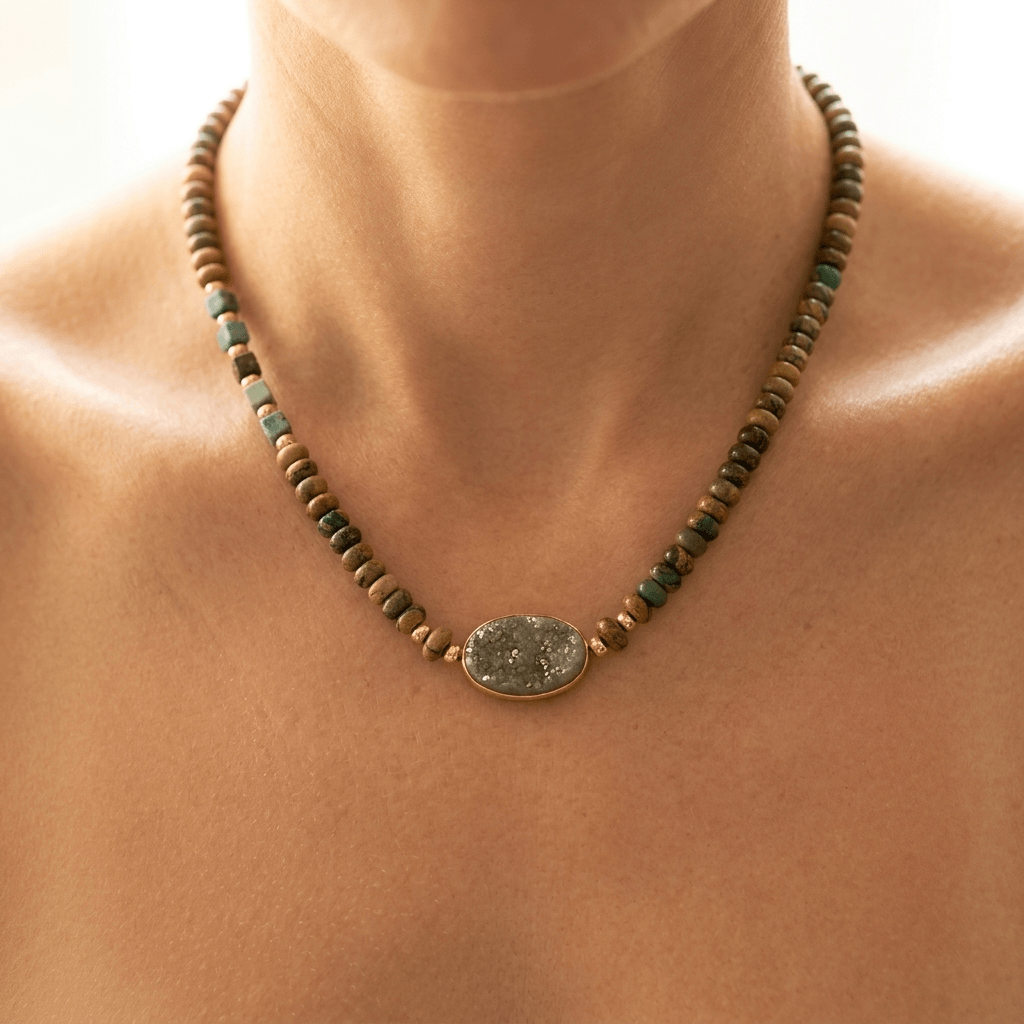 Boho Brass Wood Bead Jasper Necklace