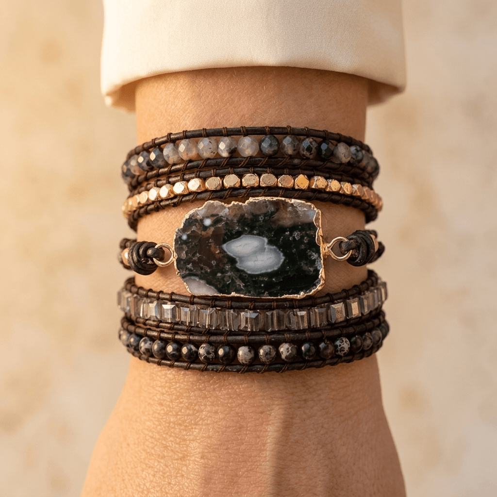 Dark Agate Gold Beaded Wrap Bracelet
