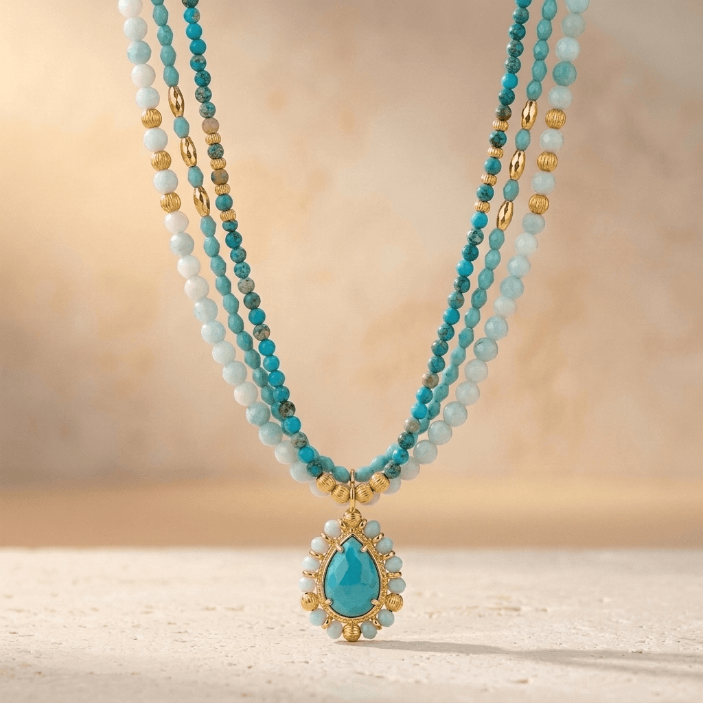 Turquoise Gold Layered Beaded Pendant Necklace