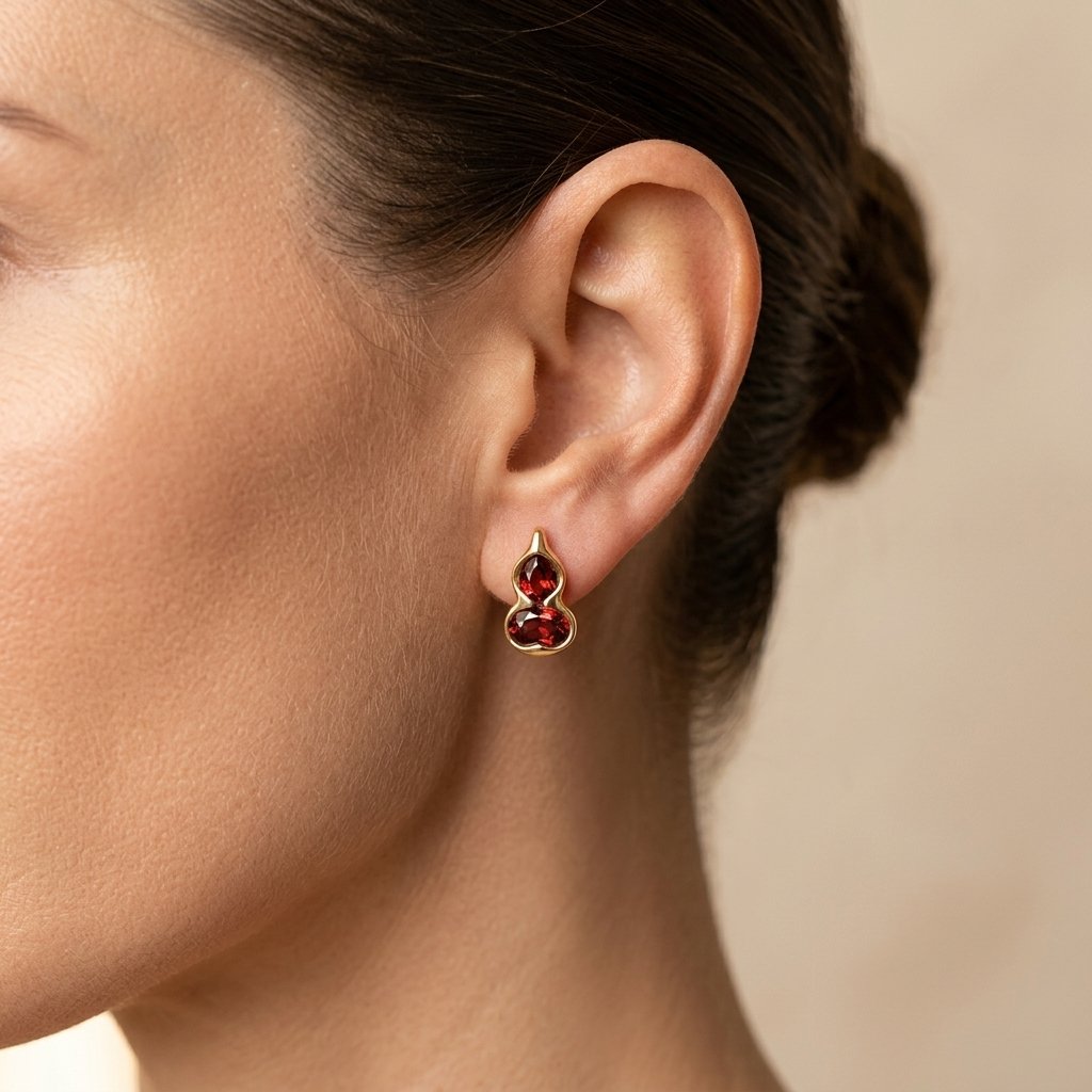 Gold Red Zirconia Gourd Stud Earrings